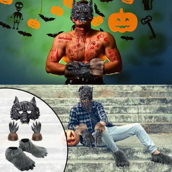 16 Pcs Halloween Werewolf Costume Includes Werewolf Mask Claw Glovess Werewolf💫 - Picture 5 of 6